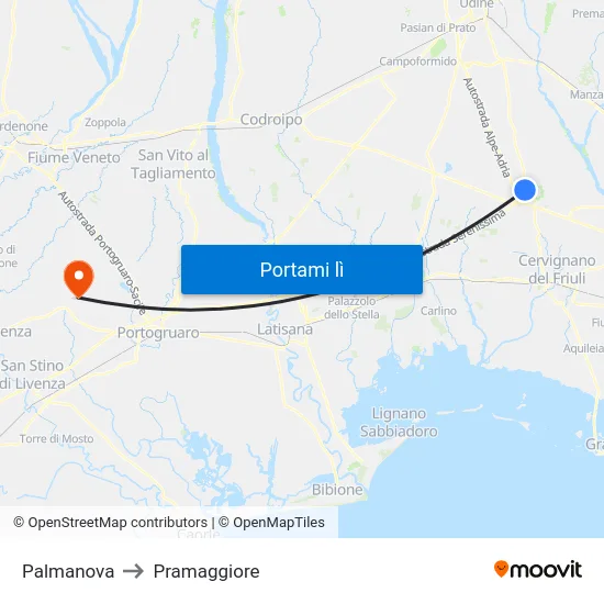Palmanova to Pramaggiore map