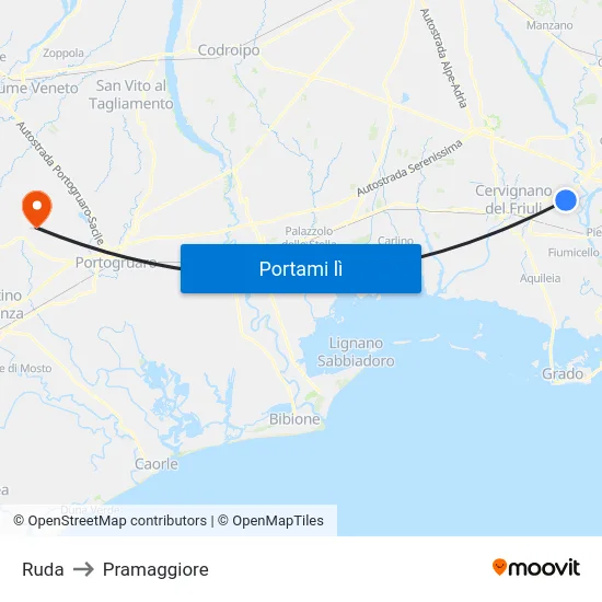 Ruda to Pramaggiore map