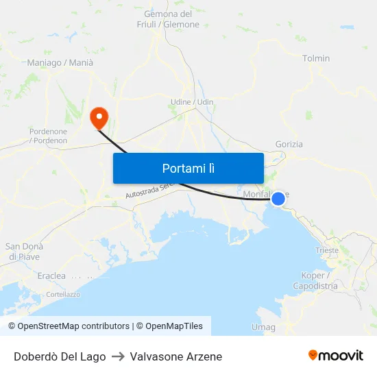 Doberdò Del Lago to Valvasone Arzene map