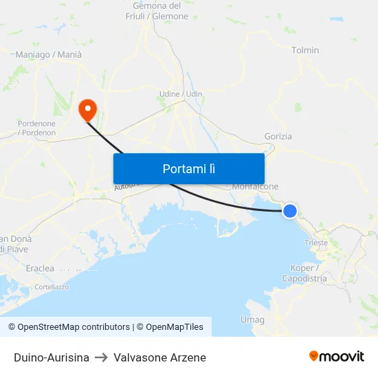 Duino-Aurisina to Valvasone Arzene map