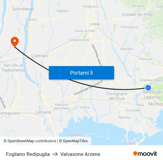 Fogliano Redipuglia to Valvasone Arzene map