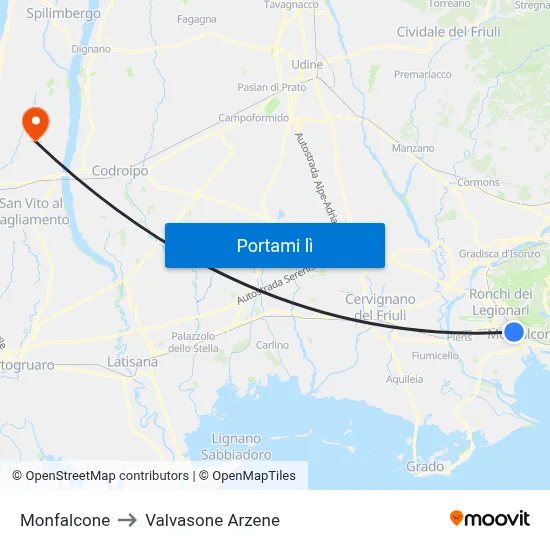 Monfalcone to Valvasone Arzene map
