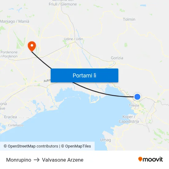Monrupino to Valvasone Arzene map