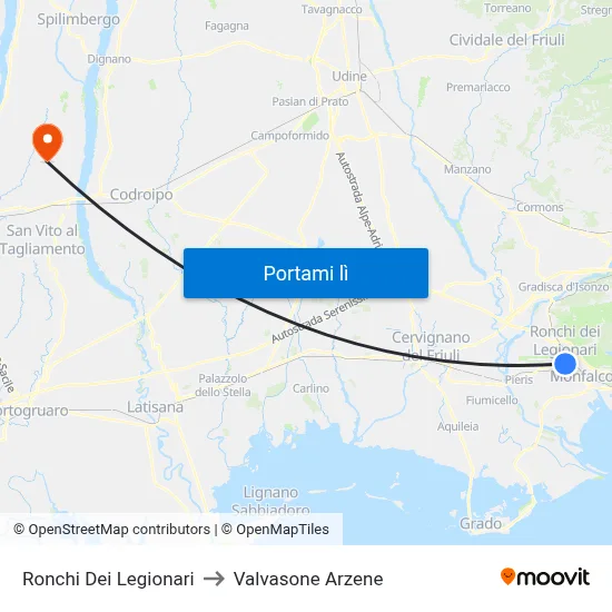 Ronchi Dei Legionari to Valvasone Arzene map