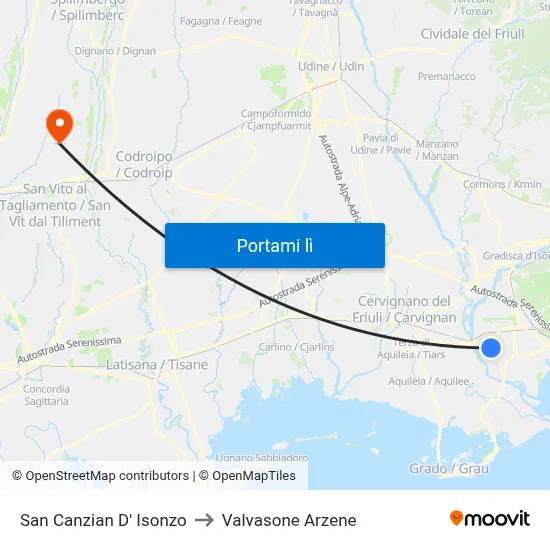 San Canzian D' Isonzo to Valvasone Arzene map