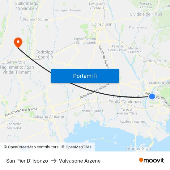 San Pier D' Isonzo to Valvasone Arzene map