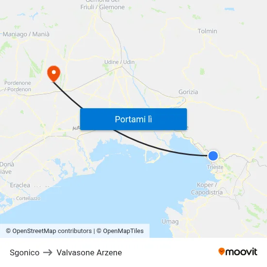 Sgonico to Valvasone Arzene map