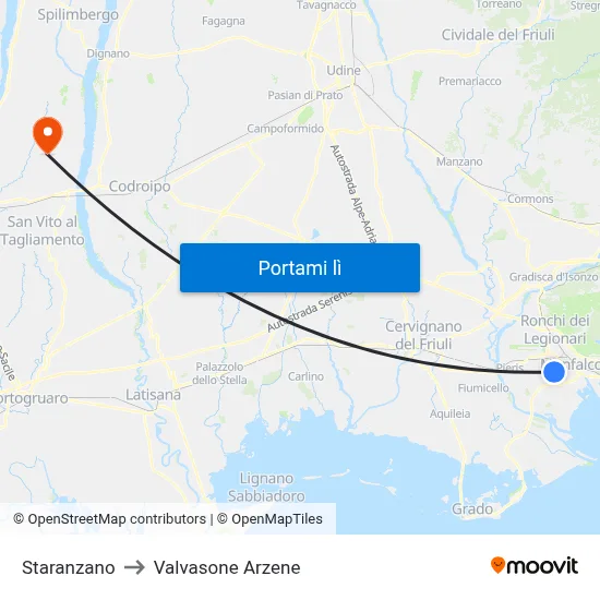 Staranzano to Valvasone Arzene map