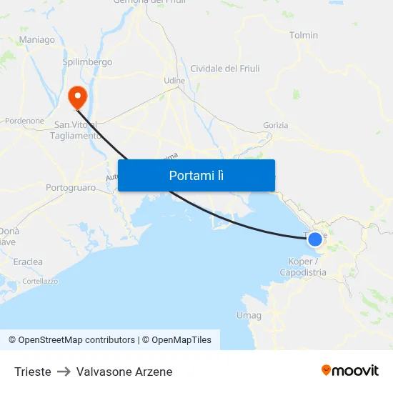 Trieste to Valvasone Arzene map