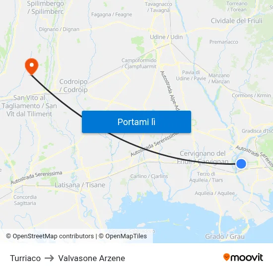 Turriaco to Valvasone Arzene map