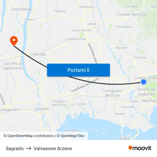Sagrado to Valvasone Arzene map