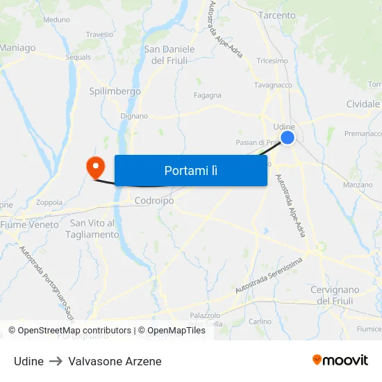 Udine to Valvasone Arzene map