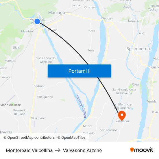 Montereale Valcellina to Valvasone Arzene map