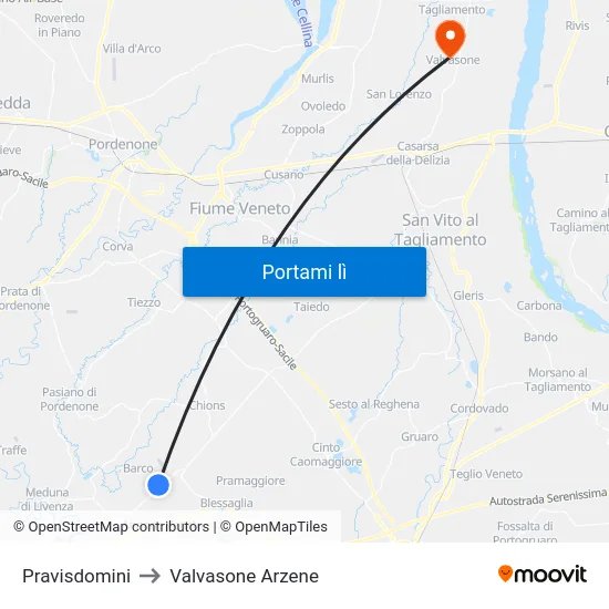Pravisdomini to Valvasone Arzene map