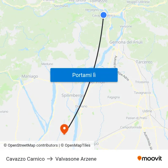 Cavazzo Carnico to Valvasone Arzene map