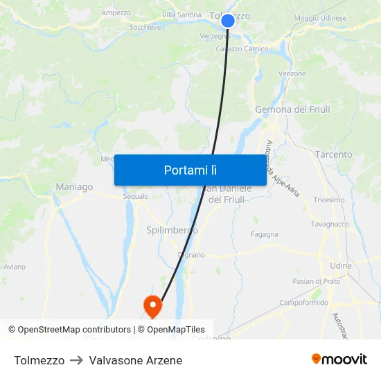 Tolmezzo to Valvasone Arzene map