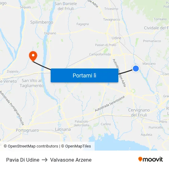 Pavia Di Udine to Valvasone Arzene map