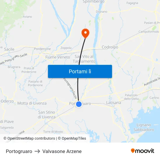 Portogruaro to Valvasone Arzene map