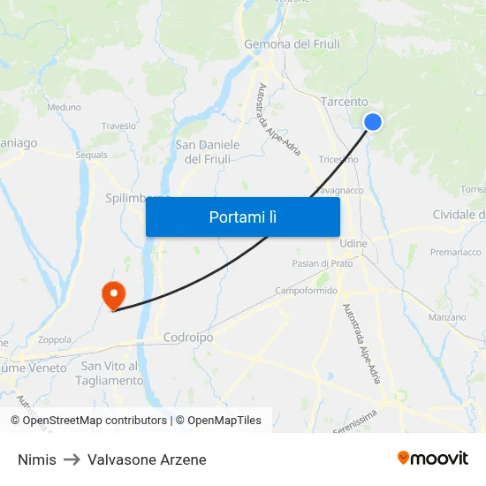 Nimis to Valvasone Arzene map