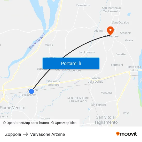 Zoppola to Valvasone Arzene map