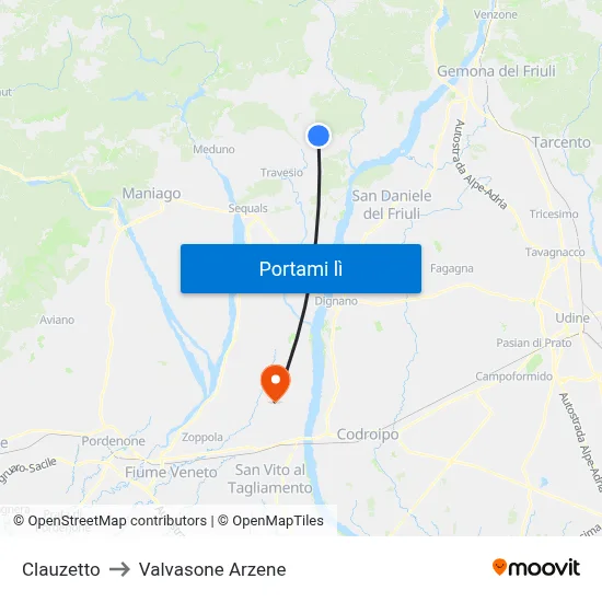 Clauzetto to Valvasone Arzene map