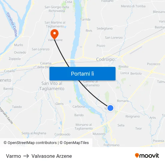Varmo to Valvasone Arzene map