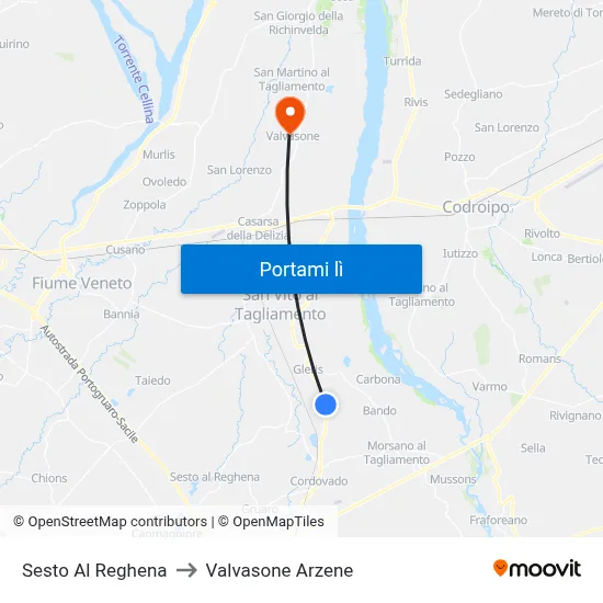 Sesto Al Reghena to Valvasone Arzene map