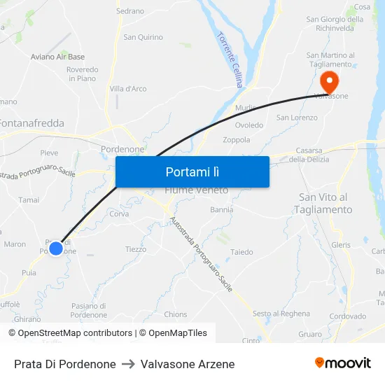 Prata Di Pordenone to Valvasone Arzene map