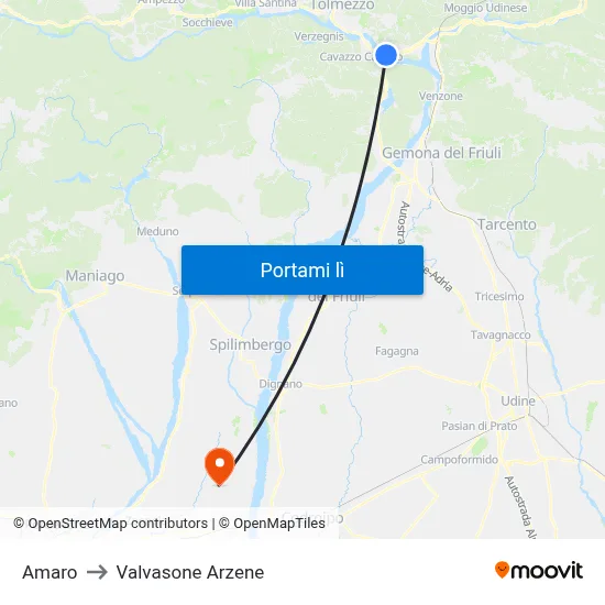 Amaro to Valvasone Arzene map