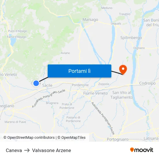 Caneva to Valvasone Arzene map
