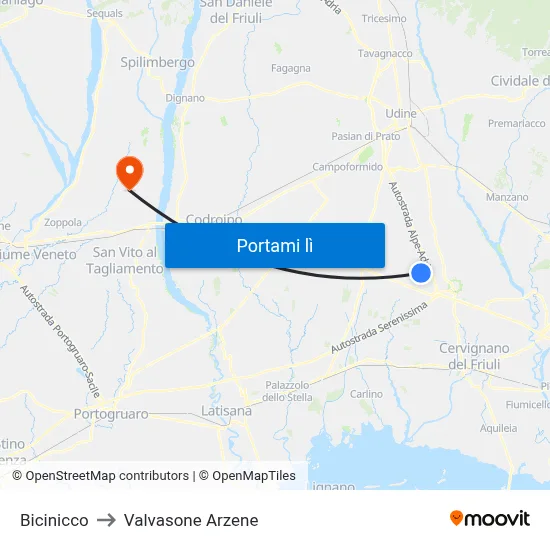 Bicinicco to Valvasone Arzene map