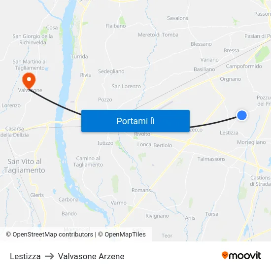 Lestizza to Valvasone Arzene map