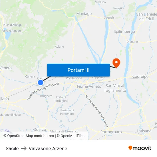 Sacile to Valvasone Arzene map