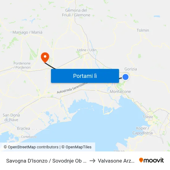 Savogna D'Isonzo / Sovodnje Ob Soči to Valvasone Arzene map