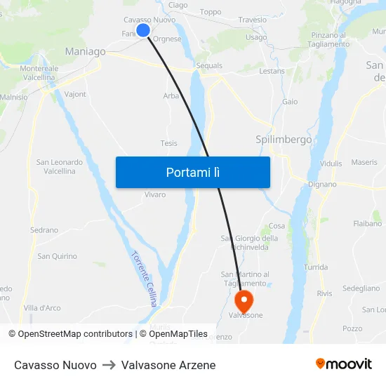 Cavasso Nuovo to Valvasone Arzene map