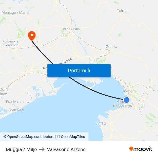 Muggia / Milje to Valvasone Arzene map