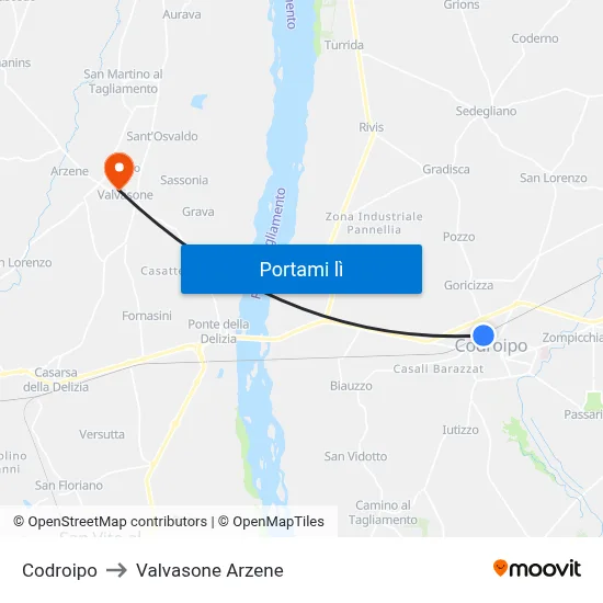 Codroipo to Valvasone Arzene map