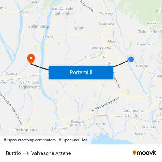 Buttrio to Valvasone Arzene map