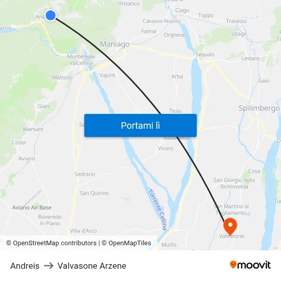 Andreis to Valvasone Arzene map