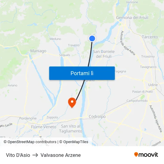 Vito D'Asio to Valvasone Arzene map
