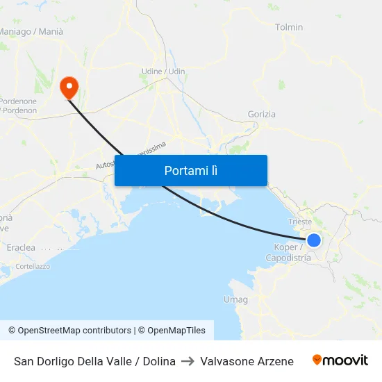 San Dorligo Della Valle / Dolina to Valvasone Arzene map