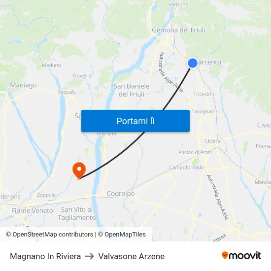 Magnano In Riviera to Valvasone Arzene map