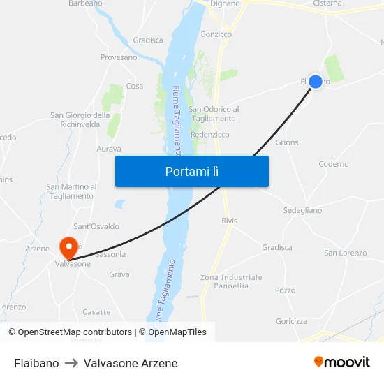 Flaibano to Valvasone Arzene map