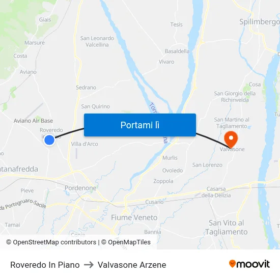 Roveredo In Piano to Valvasone Arzene map