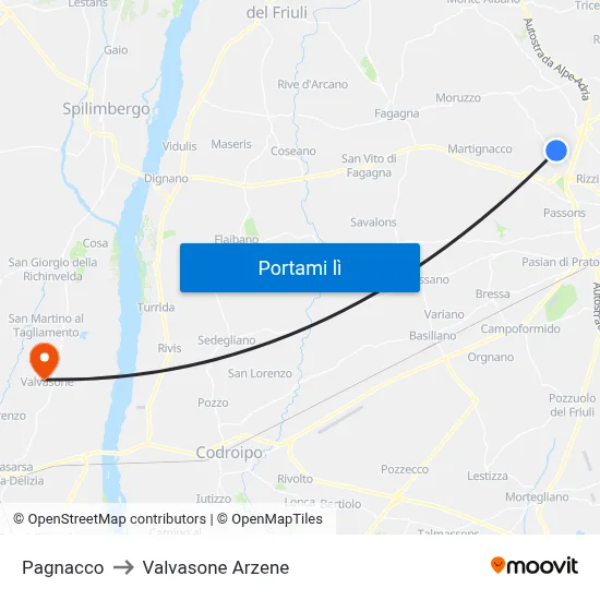 Pagnacco to Valvasone Arzene map