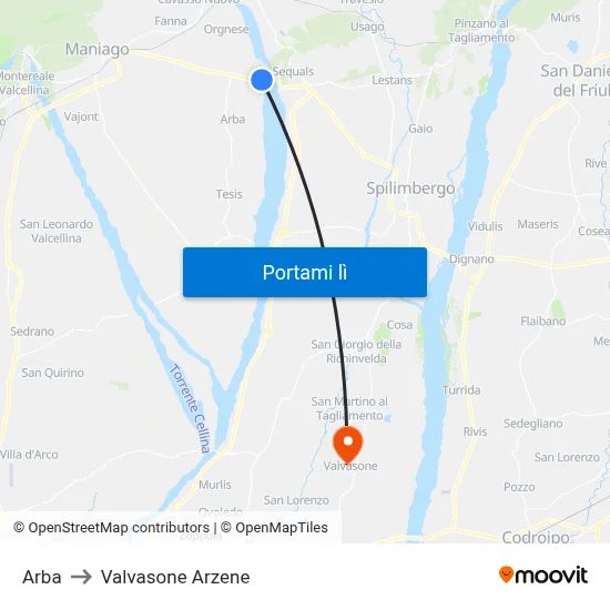 Arba to Valvasone Arzene map