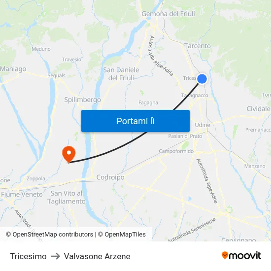 Tricesimo to Valvasone Arzene map