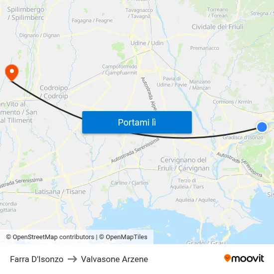 Farra D'Isonzo to Valvasone Arzene map