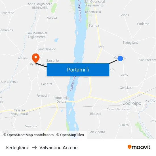 Sedegliano to Valvasone Arzene map