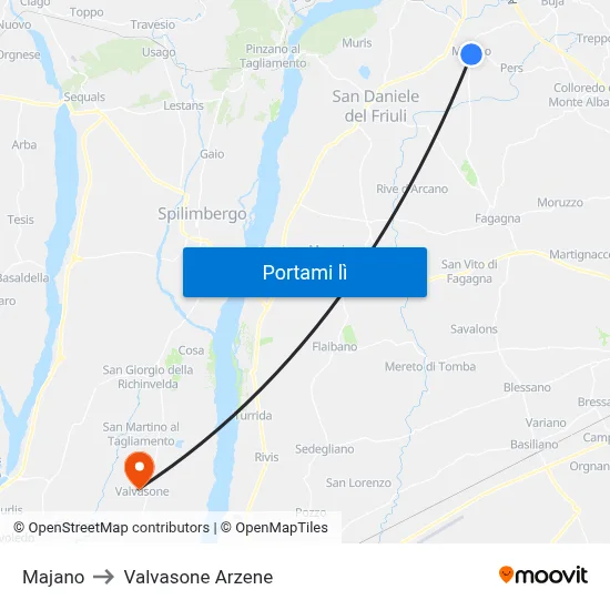 Majano to Valvasone Arzene map